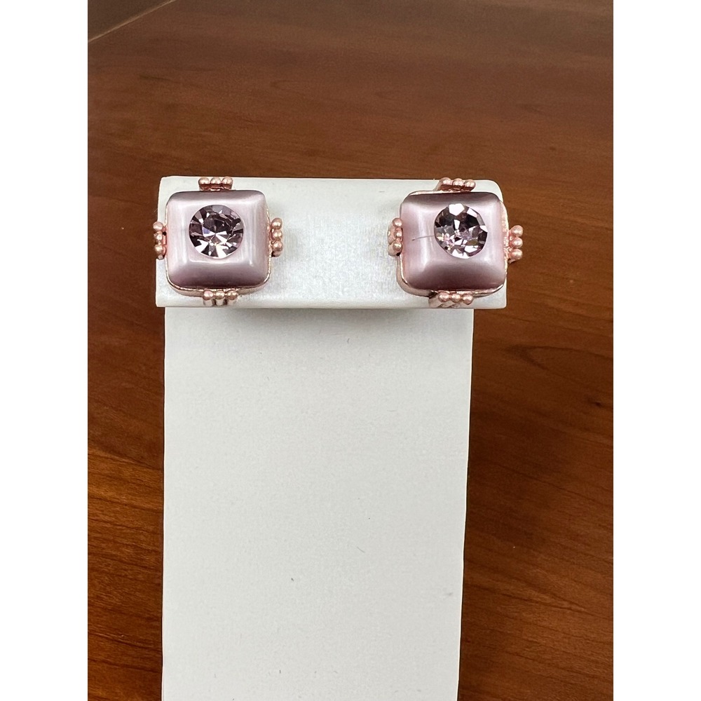 Rose Gold Tone Pink Square Cabochon Crystal Stud Earrings Vintage Style